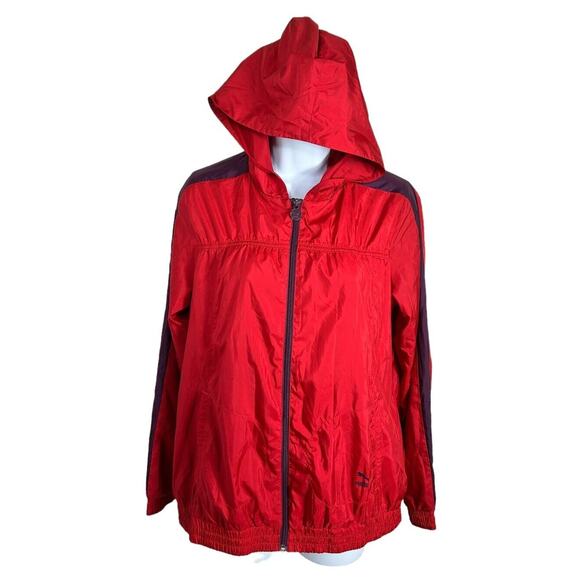 Women's Puma Red Windbreaker Jacket Sz M Hooded Red Full Zip Lightweight - Picture 1 of 9